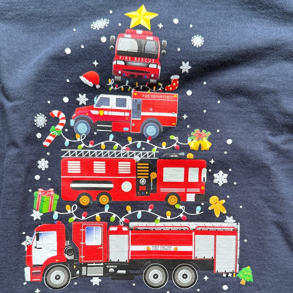 5T Fire Truck Christmas Graphic Sweatshirt - Navy Blue; Pre-Washed - Picture 2 of 4